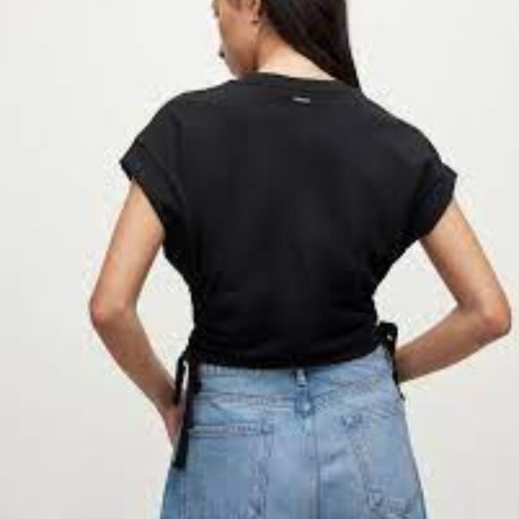AllSaints Mira Crop Cuffed Short Sleeve Ruched Drawstring Mid-Drift Solid Tee L - Picture 2 of 6